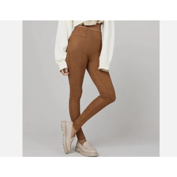 SPANX Faux Suede Leggings Pull On Pants Camel Brown Tan Seamed Size Large New - Picture 1 of 12